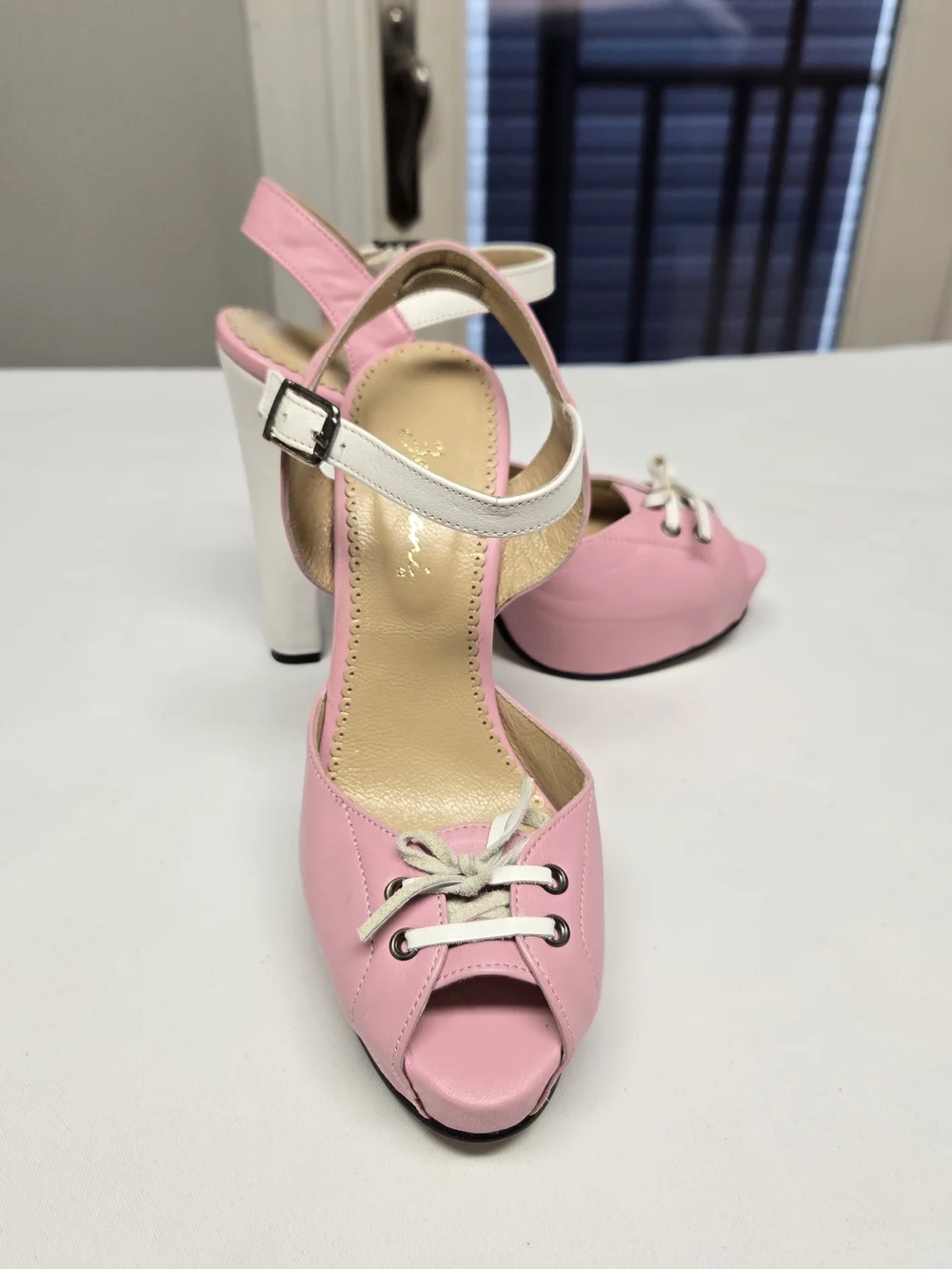 Zeyzani Pink  Vintage Inspired Leather Peep Toe Platform Pumps Size 38 US 7.5